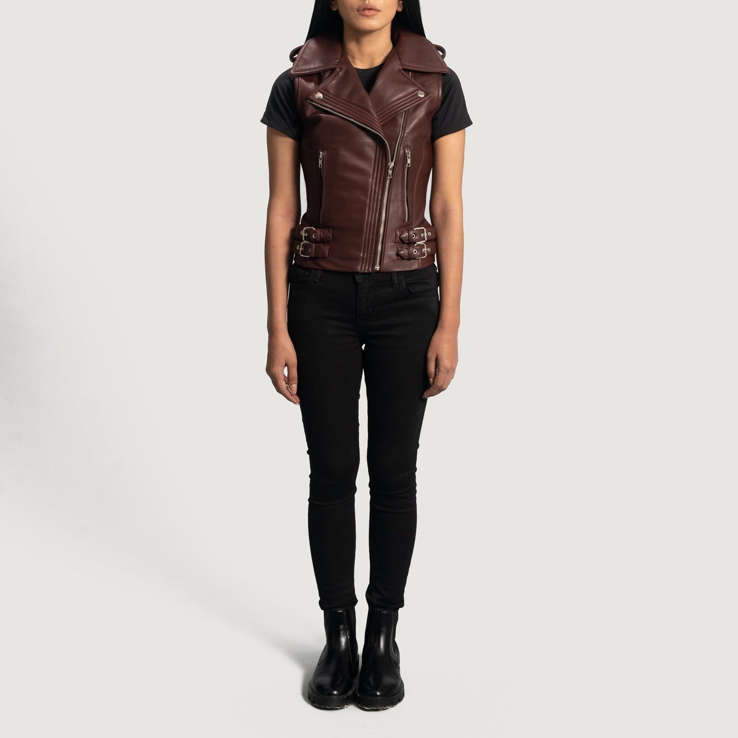 Bordeaux Women's Leather Buckle Biker Vest back view – VOOLUP