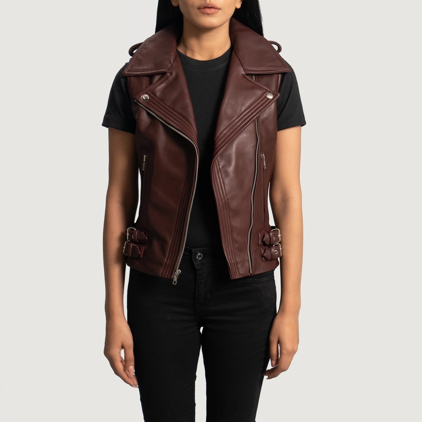 Bordeaux women's genuine leather buckle biker vest in deep bordeaux – VOOLUP