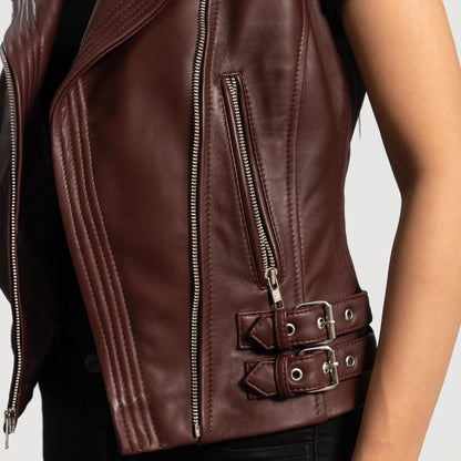 Bordeaux Women's Leather Buckle Biker Vest detail closeup – VOOLUP