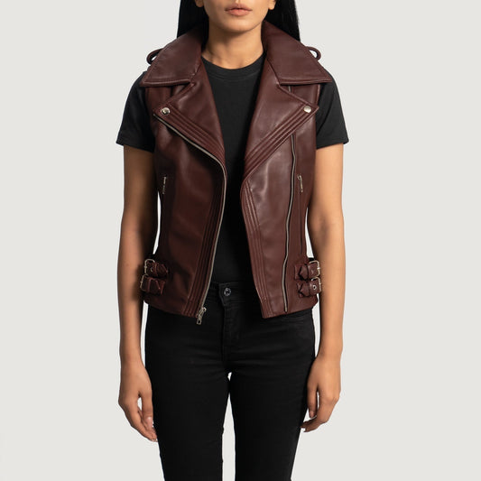 Bordeaux women's genuine leather buckle biker vest in deep bordeaux – VOOLUP