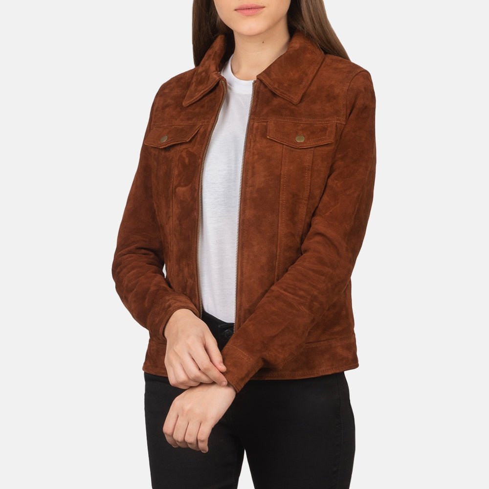 Canyon Lux Women's Brown Suede Leather Trucker Jacket back view – VOOLUP