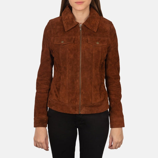 Canyon Lux women's brown suede genuine leather trucker jacket front view – VOOLUP