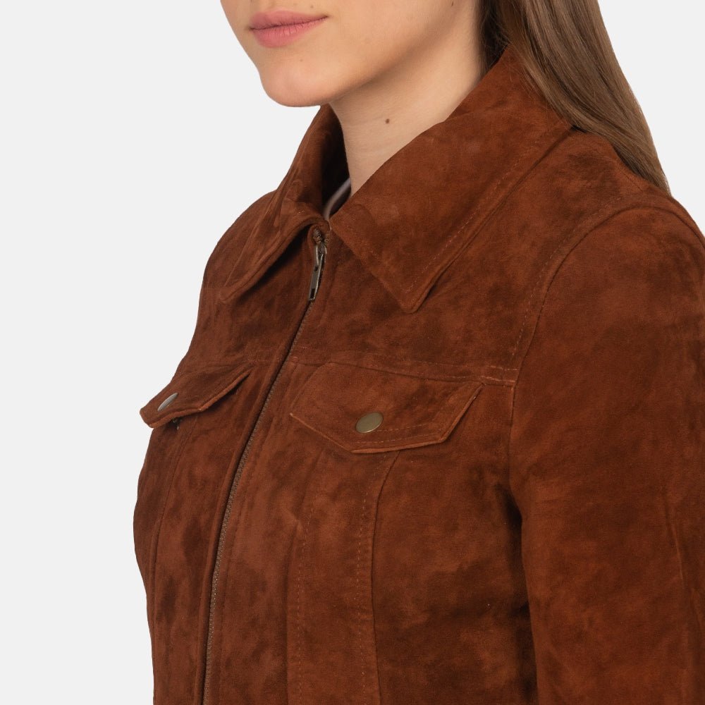 Canyon Lux Women's Brown Suede Leather Trucker Jacket detail closeup – VOOLUP