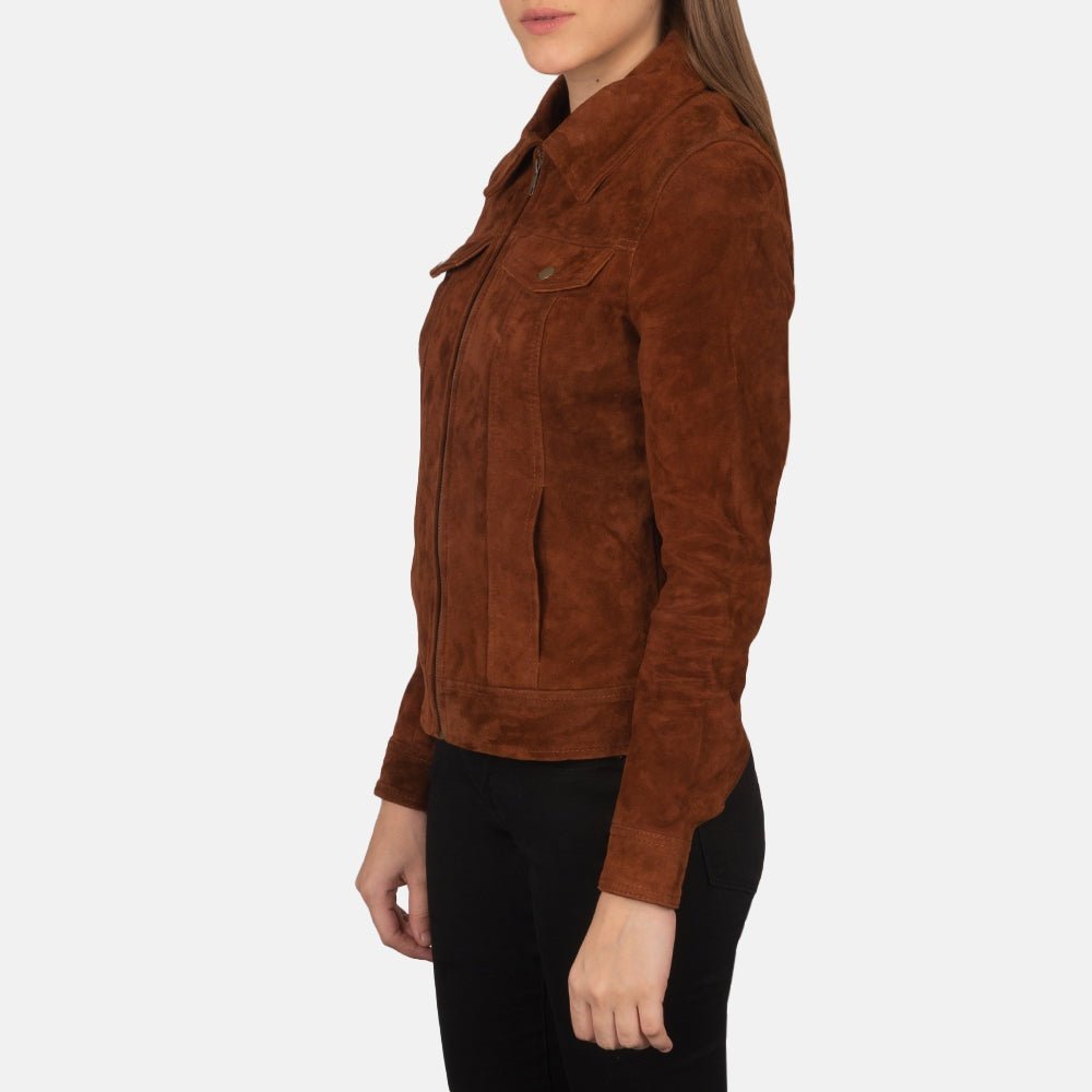 Canyon Lux Women's Brown Suede Leather Trucker Jacket side view – VOOLUP