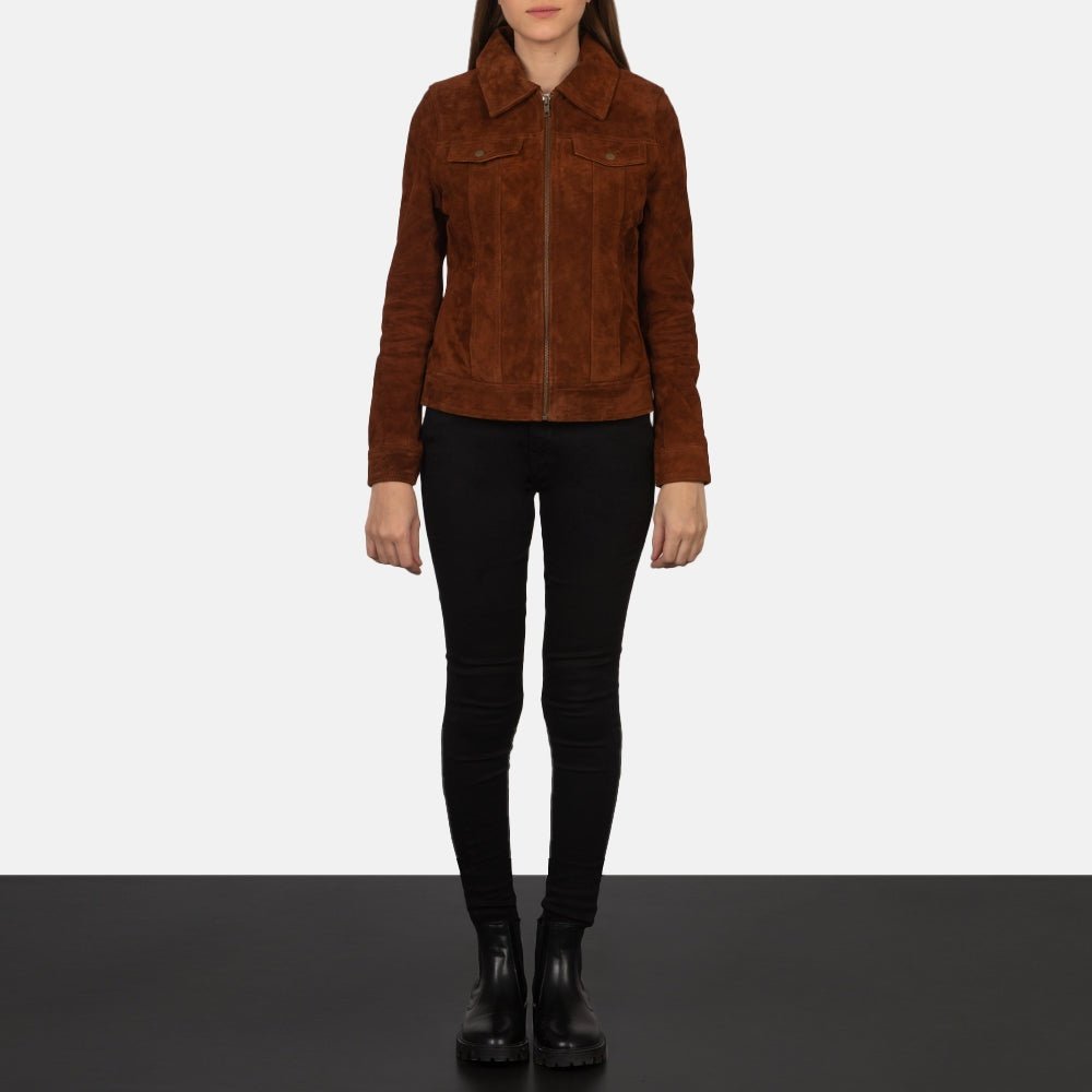 Canyon Lux Women's Brown Suede Leather Trucker Jacket lifestyle view – VOOLUP