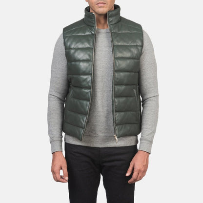 Everett Men's Forest Green Leather Puffer Vest side view – VOOLUP