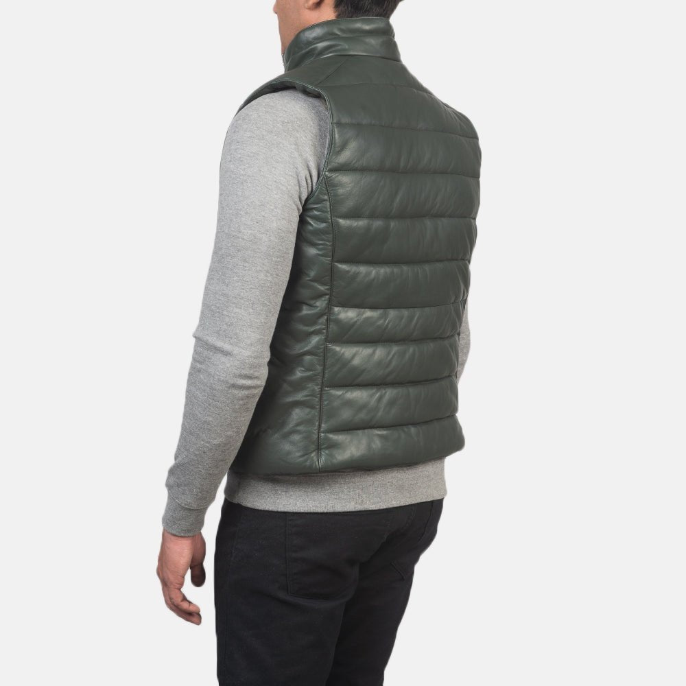 Everett Men's Forest Green Leather Puffer Vest lifestyle view – VOOLUP