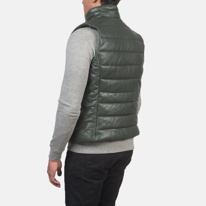 Everett Men's Forest Green Leather Puffer Vest lifestyle view – VOOLUP