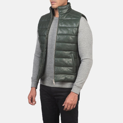 Everett Men's Forest Green Leather Puffer Vest detail closeup – VOOLUP
