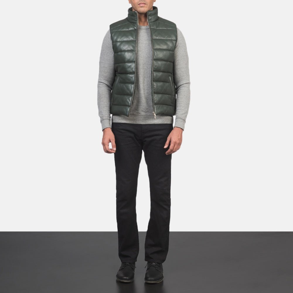 Everett Men's Forest Green Leather Puffer Vest back view – VOOLUP