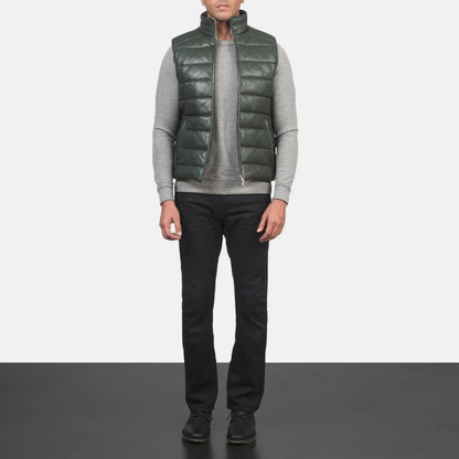 Everett Men's Forest Green Leather Puffer Vest back view – VOOLUP