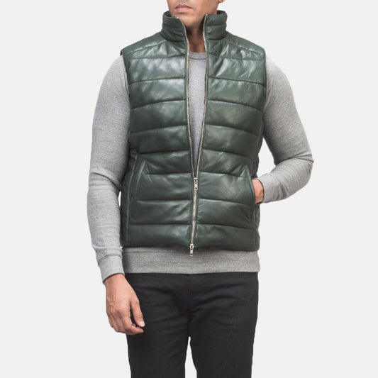 Everett men's forest green genuine leather quilted puffer vest front view – VOOLUP