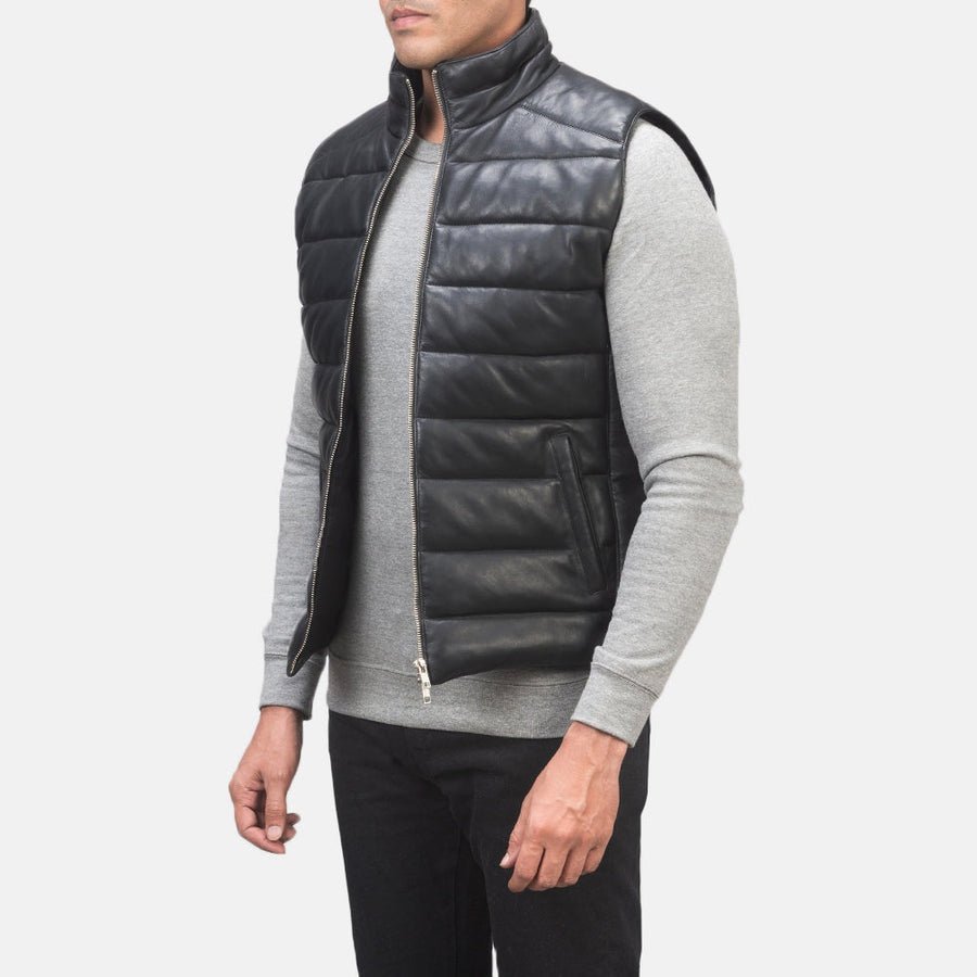 Everett Men's Black Leather Puffer Vest detail closeup – VOOLUP