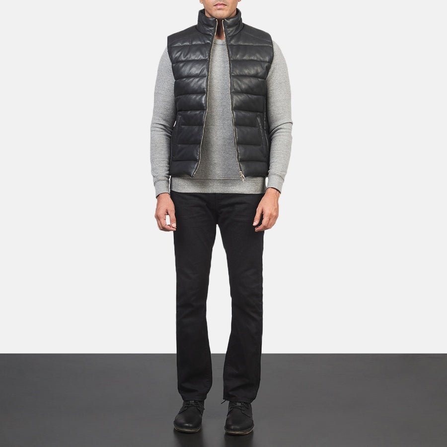 Everett Men's Black Leather Puffer Vest back view – VOOLUP
