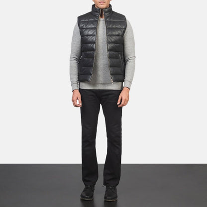 Everett Men's Black Leather Puffer Vest back view – VOOLUP