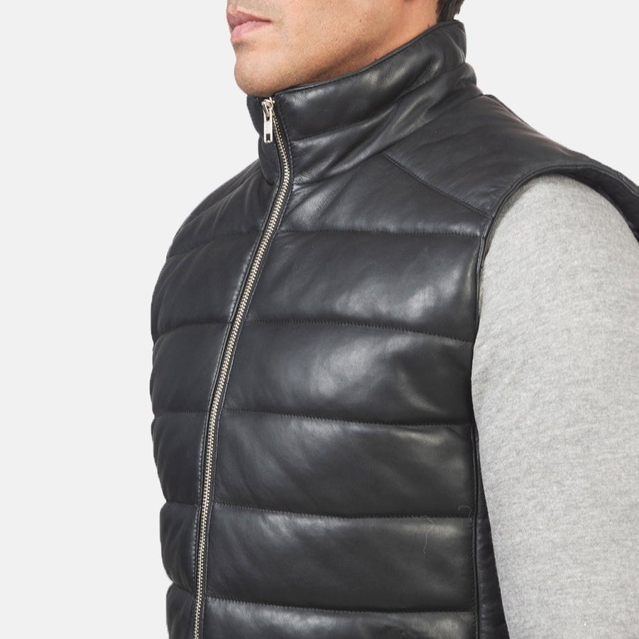 Everett Men's Black Leather Puffer Vest lifestyle view – VOOLUP