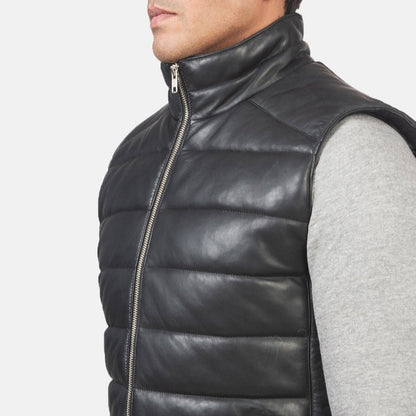 Everett Men's Black Leather Puffer Vest lifestyle view – VOOLUP