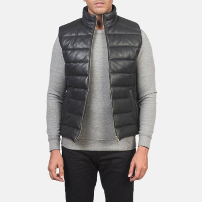 Everett Men's Black Leather Puffer Vest side view – VOOLUP