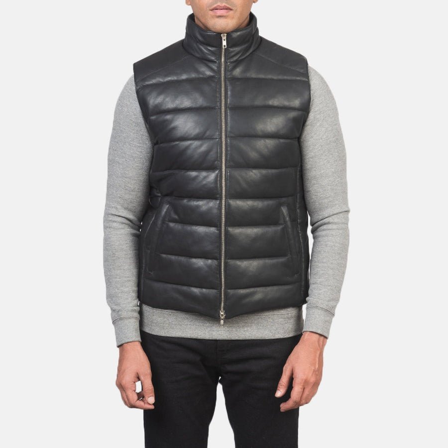 Everett men's black genuine leather quilted puffer vest front view – VOOLUP