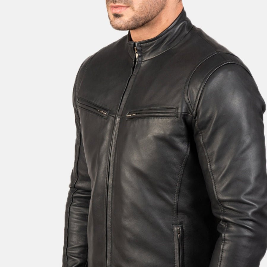 Iron Legacy Men's Black Leather Jacket model view – VOOLUP