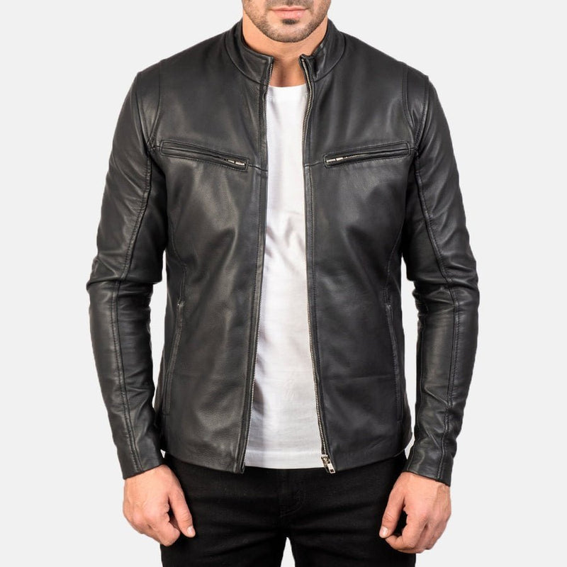 Iron Legacy men's black genuine leather café racer collar jacket front view – VOOLUP
