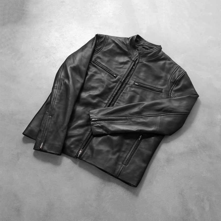 Iron Legacy Men's Black Leather Jacket detail closeup – VOOLUP