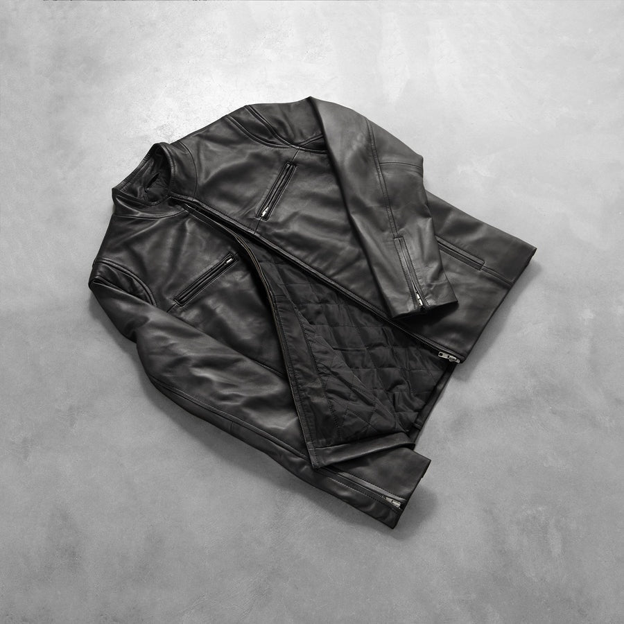 Iron Legacy Men's Black Leather Jacket lifestyle view – VOOLUP