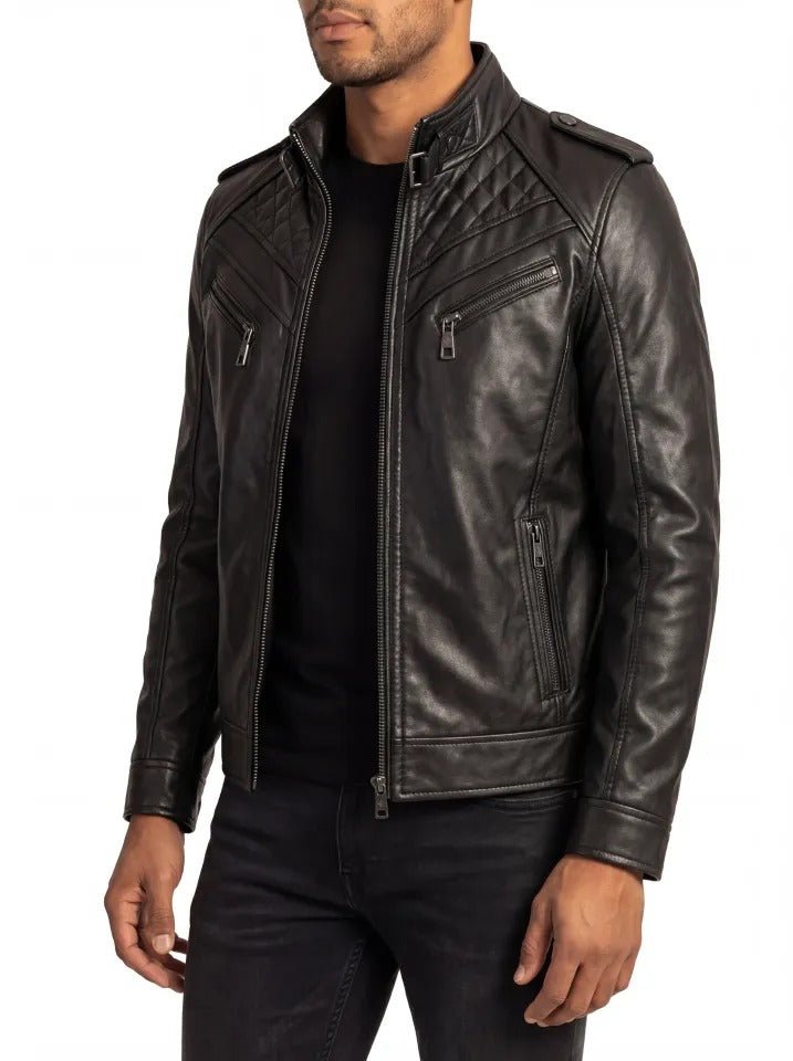 Ironcrest Men's Quilted Black Leather Biker Jacket side view – VOOLUP