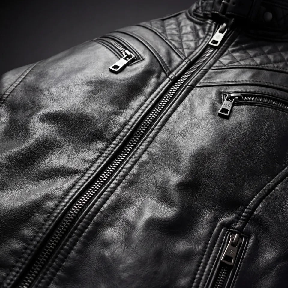 Ironcrest Men's Quilted Black Leather Biker Jacket detail closeup – VOOLUP