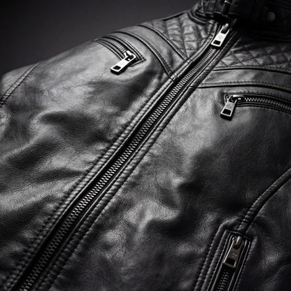 Ironcrest Men's Quilted Black Leather Biker Jacket detail closeup – VOOLUP