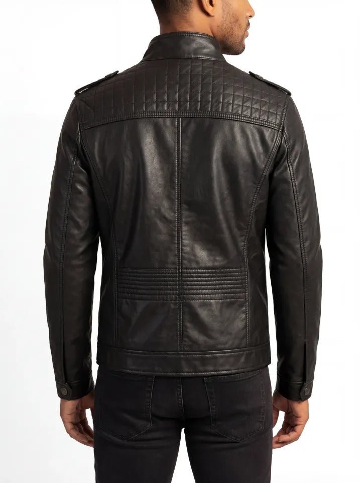 Ironcrest Men's Quilted Black Leather Biker Jacket back view – VOOLUP