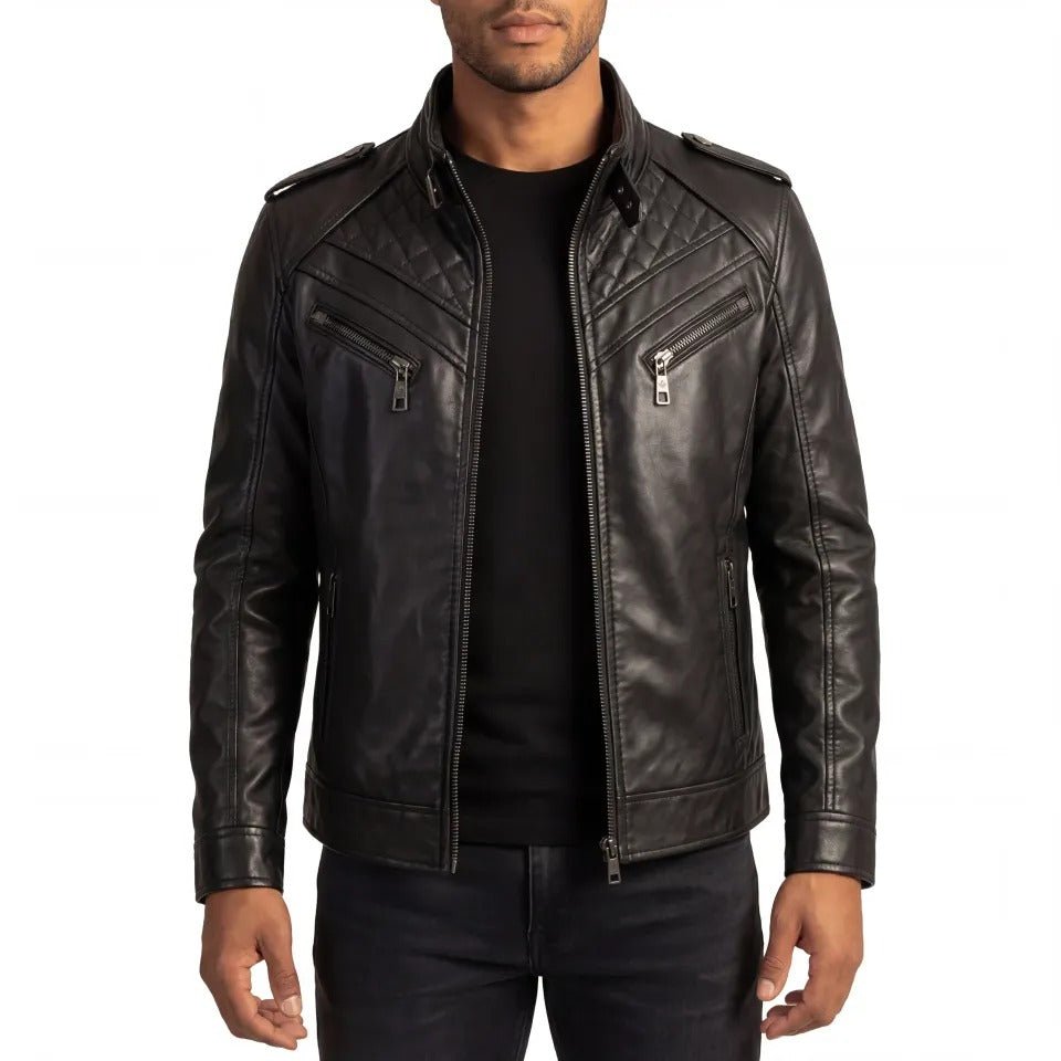 Ironcrest men's quilted black genuine leather biker jacket front view – VOOLUP