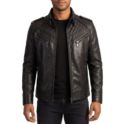 Ironcrest men's quilted black genuine leather biker jacket front view – VOOLUP