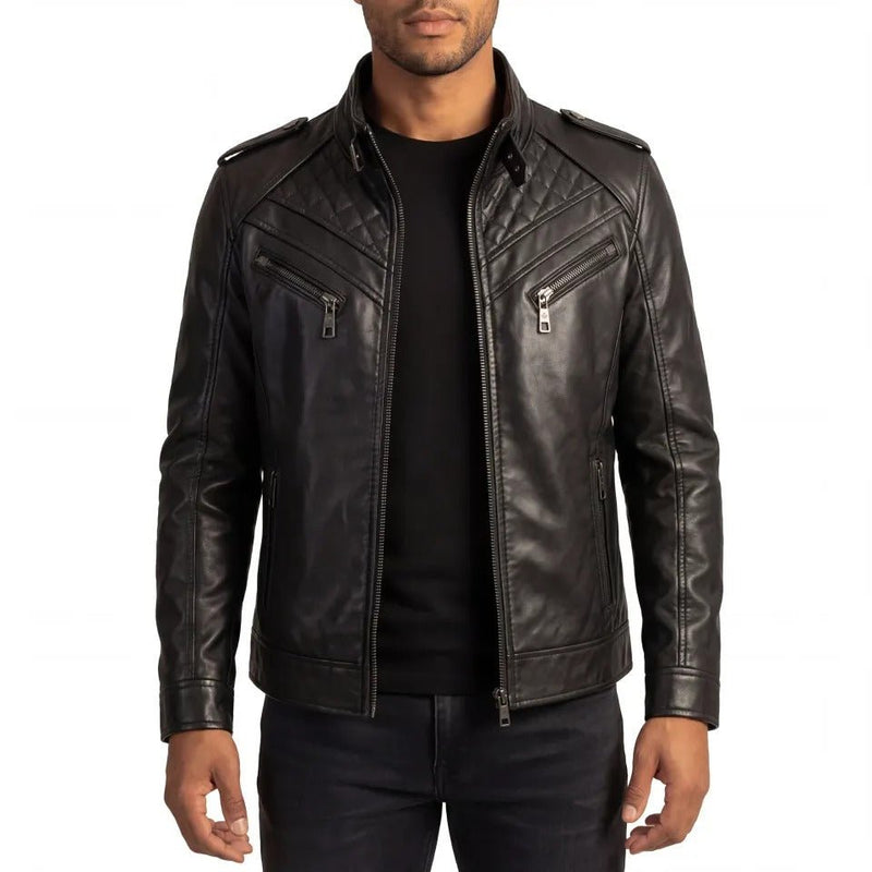 Ironcrest men's quilted black genuine leather biker jacket front view – VOOLUP