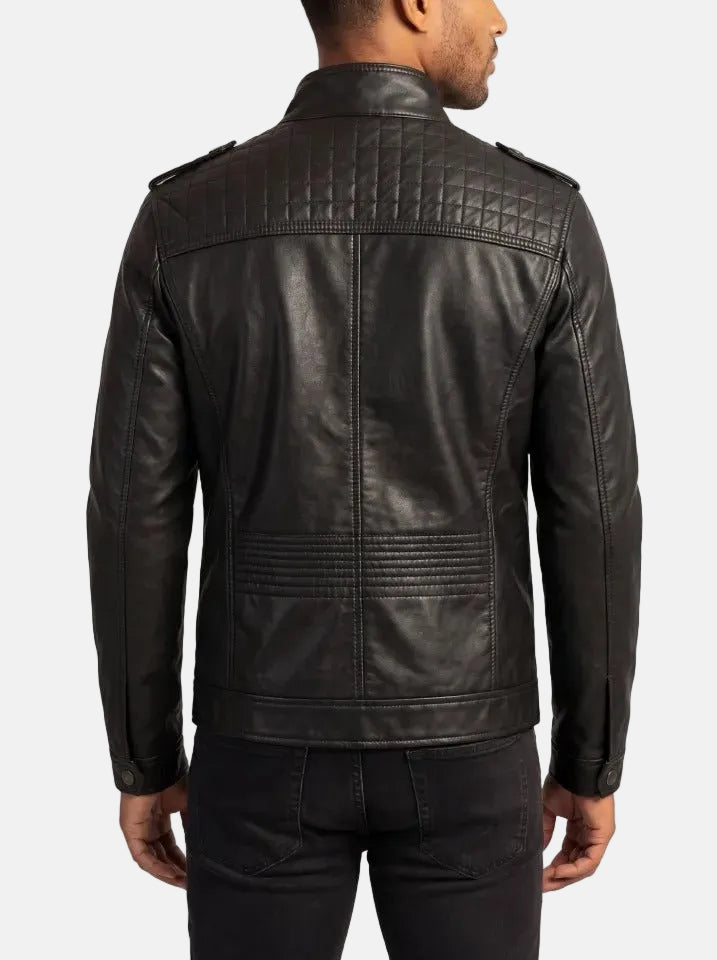 Ironcrest Men's Quilted Black Leather Biker Jacket back view – VOOLUP
