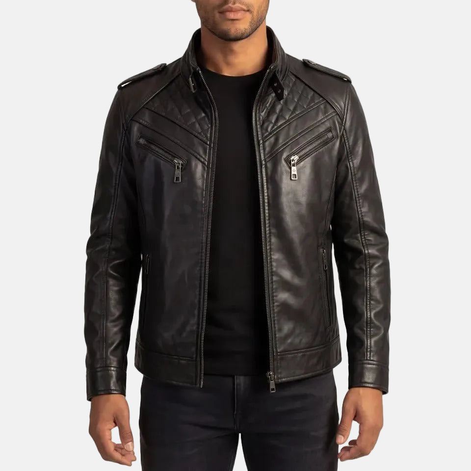 Ironcrest men's quilted black genuine leather biker jacket front view – VOOLUP