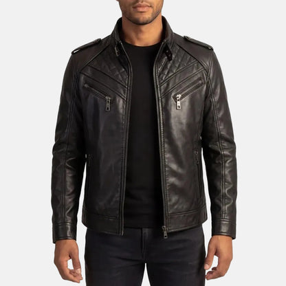 Ironcrest men's quilted black genuine leather biker jacket front view – VOOLUP