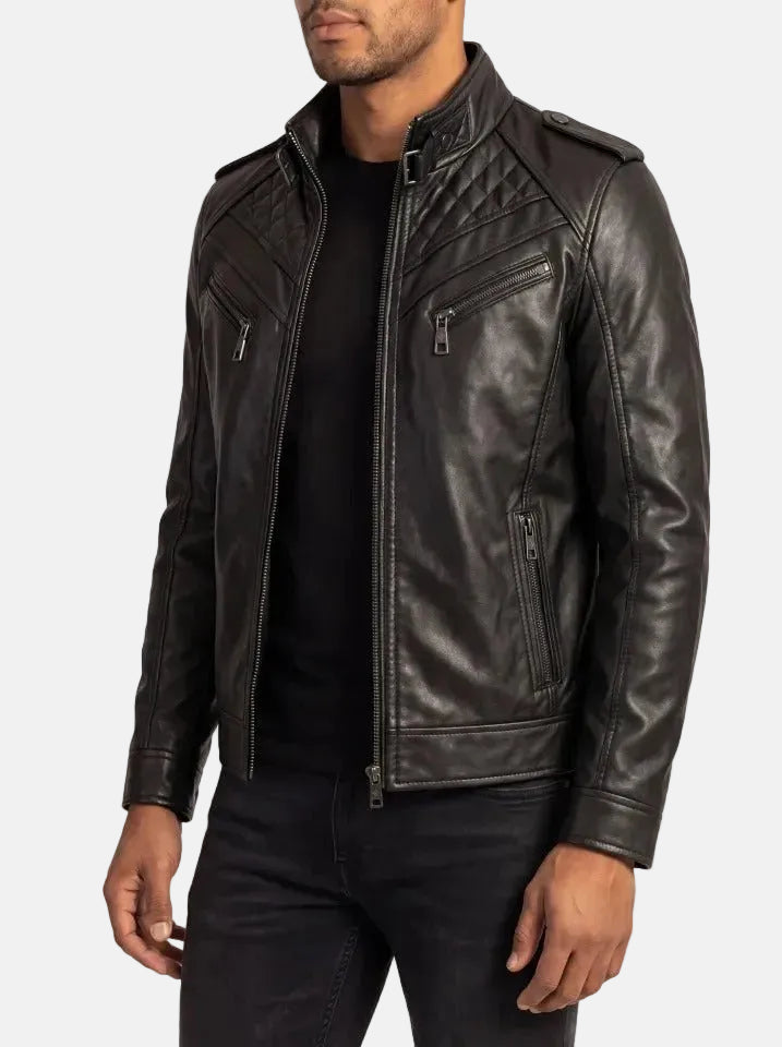 Ironcrest Men's Quilted Black Leather Biker Jacket side view – VOOLUP