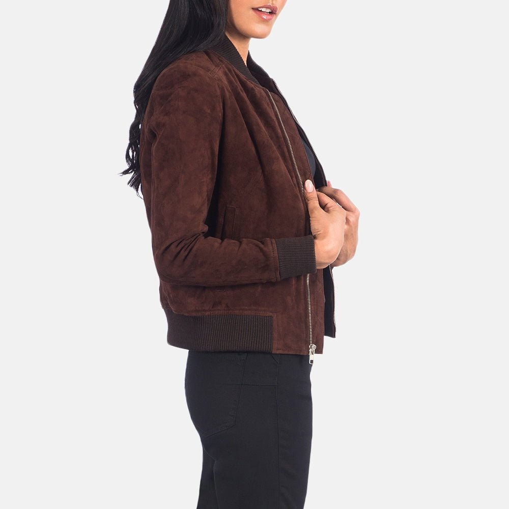 Luxe Sienna Women's Maroon Suede Leather Bomber Jacket detail closeup – VOOLUP