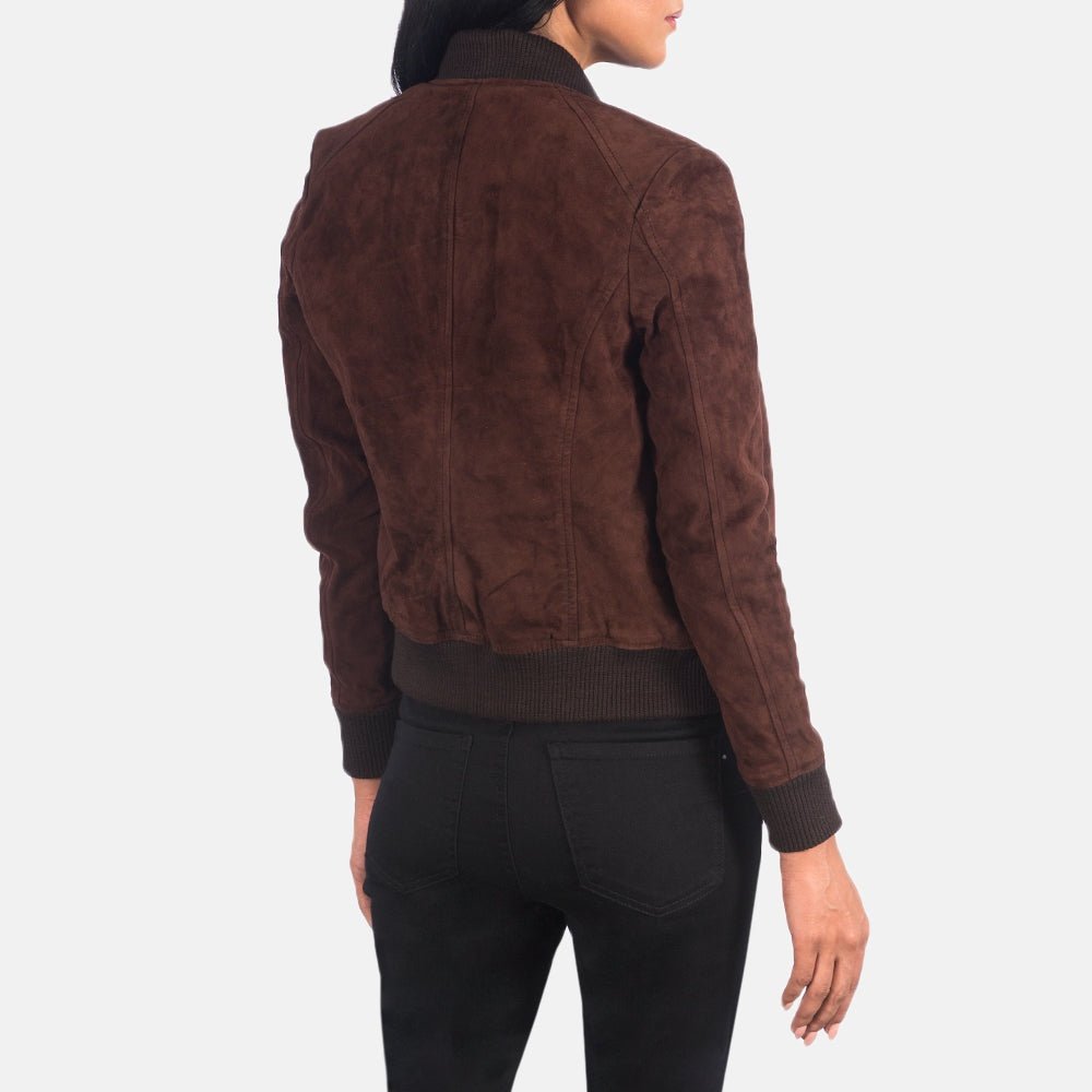 Luxe Sienna Women's Maroon Suede Leather Bomber Jacket back view – VOOLUP