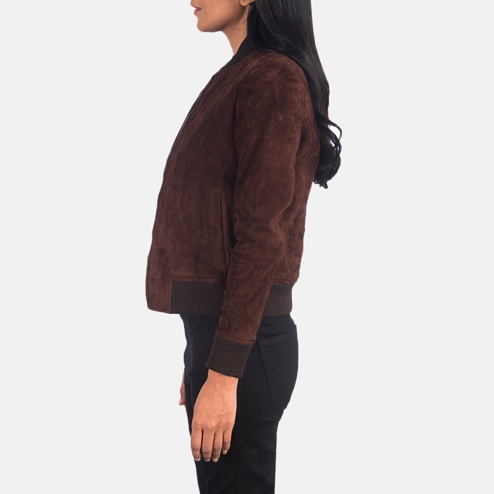 Luxe Sienna Women's Maroon Suede Leather Bomber Jacket front view – VOOLUP