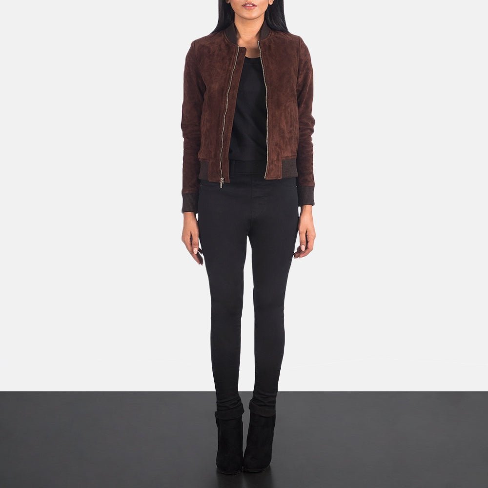 Luxe Sienna Women's Maroon Suede Leather Bomber Jacket lifestyle view – VOOLUP