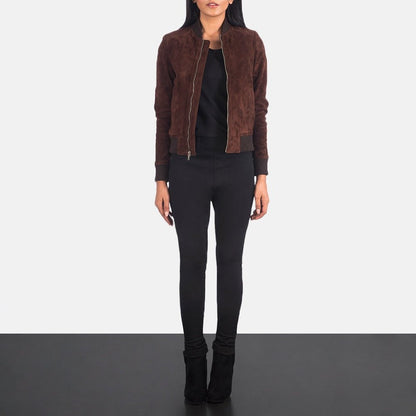 Luxe Sienna Women's Maroon Suede Leather Bomber Jacket lifestyle view – VOOLUP