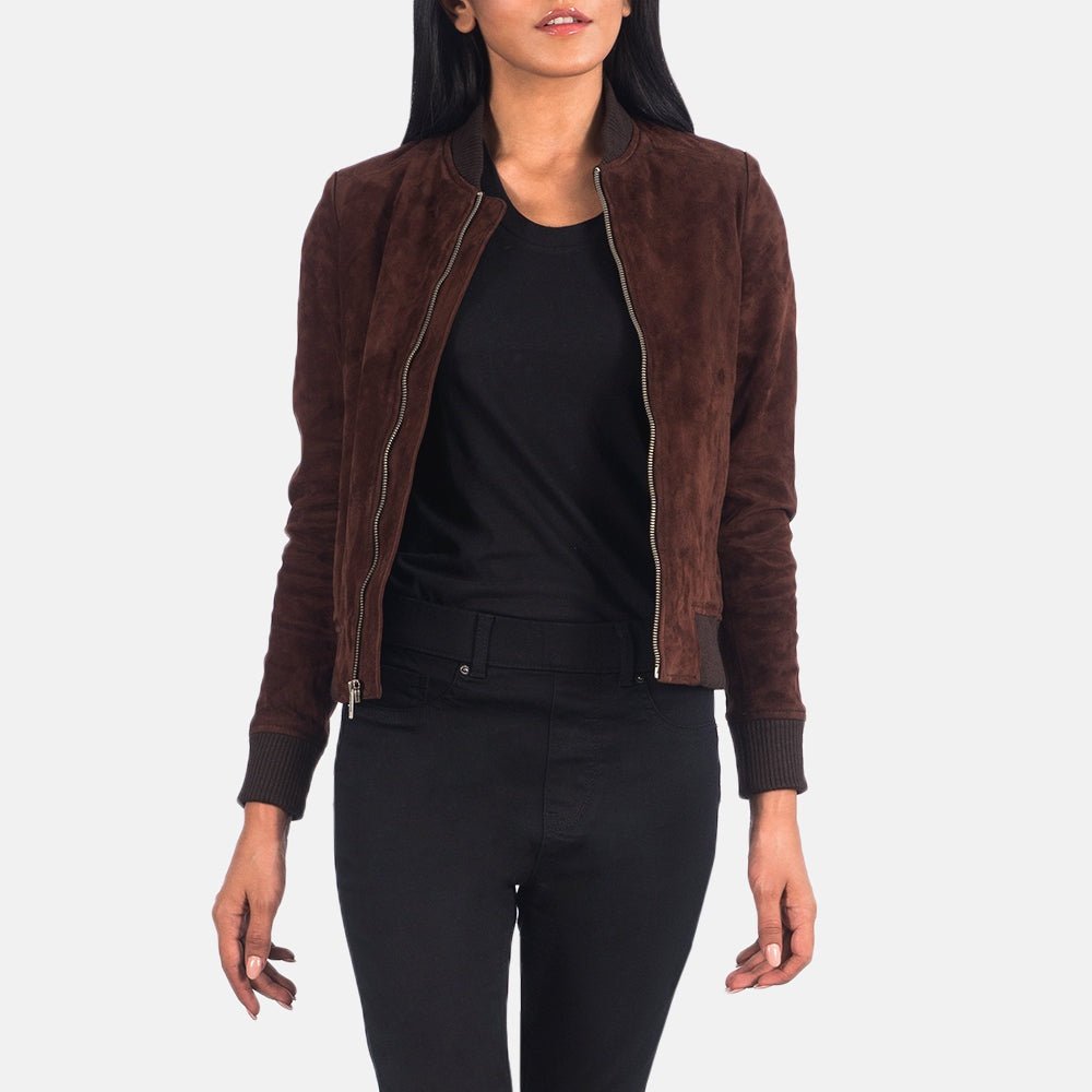 Luxe Sienna Women's Maroon Suede Leather Bomber Jacket side view – VOOLUP
