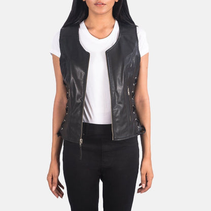 Lyra women's black genuine leather biker vest front view – VOOLUP