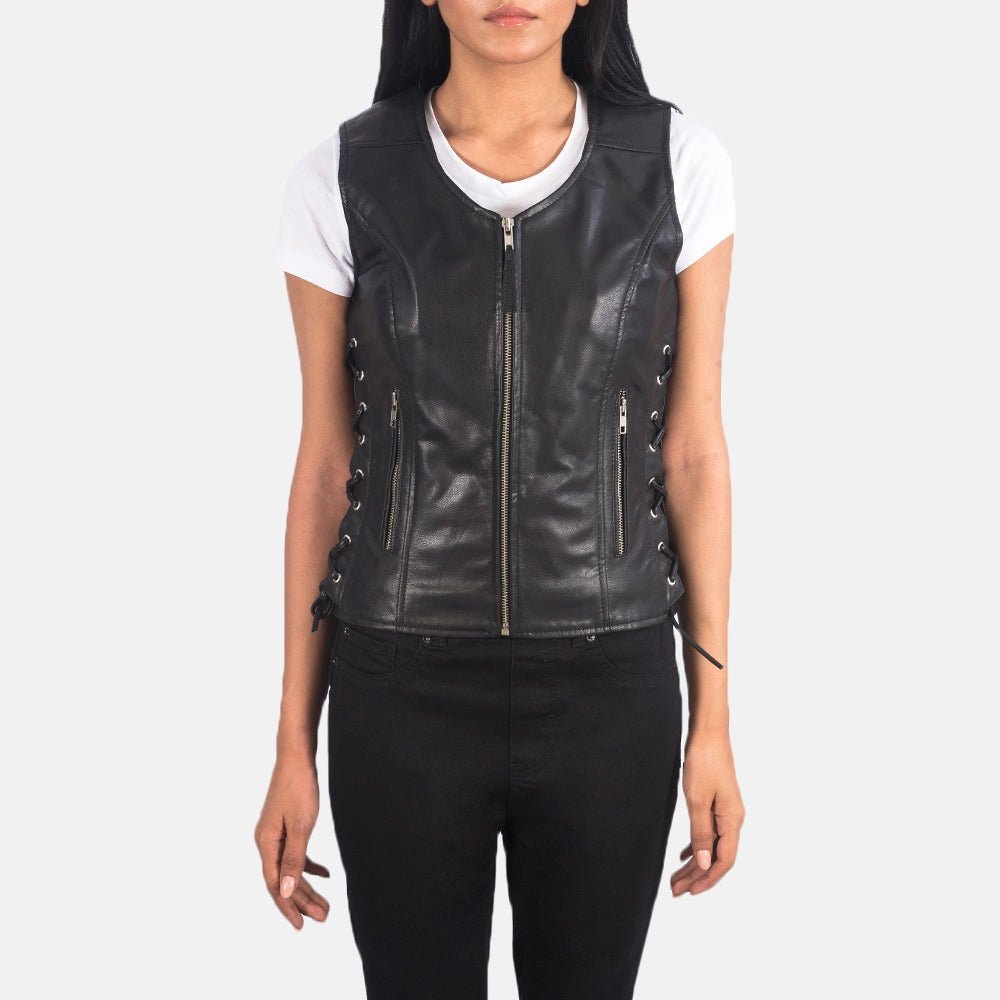 Lyra Women's Black Leather Biker Vest detail closeup – VOOLUP