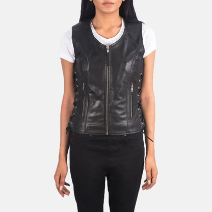 Lyra Women's Black Leather Biker Vest detail closeup – VOOLUP