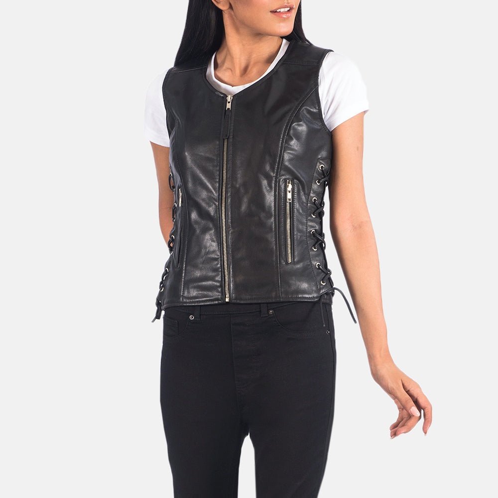 Lyra Women's Black Leather Biker Vest side view – VOOLUP