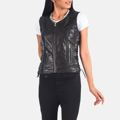 Lyra Women's Black Leather Biker Vest side view – VOOLUP