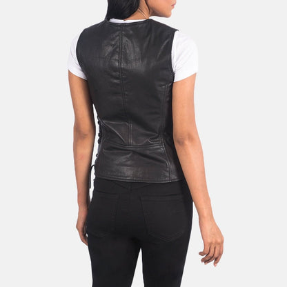 Lyra Women's Black Leather Biker Vest lifestyle detail – VOOLUP